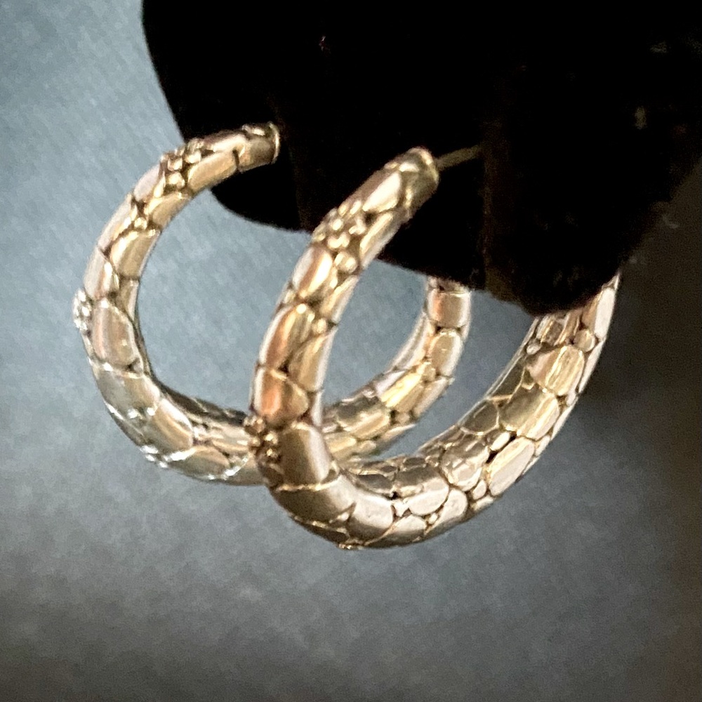 Intricate Artisan Sterling Silver Hoop Earrings, Hinged Clasp